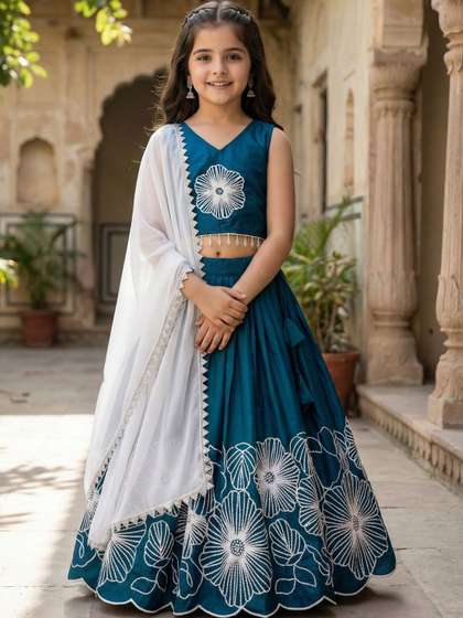 KALINI Girls
                      Embroidered Thread Work Semi-Stitched Lehenga
                      & Blouse With Dupatta