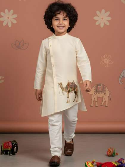 KALINI Boys Ethnic
                    Motifs Printed Angrakha Dupion Silk Kurta with
                    Pyjamas
