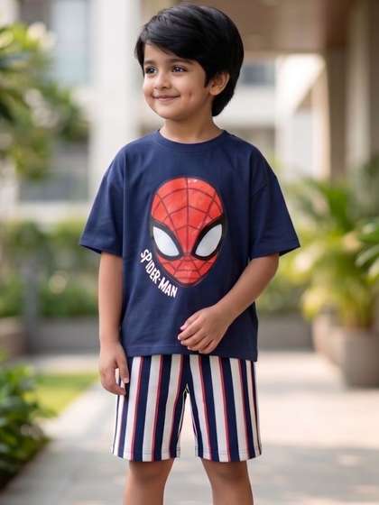 Nap Chief Kids Marvel
                      Spiderman Printed T-shirt with Striped Shorts
