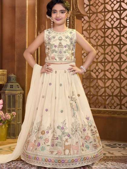 Lagorii Girls
                    Embroidered Thread Work Semi-Stitched Lehenga &
                    Blouse With Dupatta