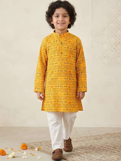 Aj DEZInES Boys Shri
                    Syaam Printed Pure Cotton Straight Kurta with
                    Pyjama