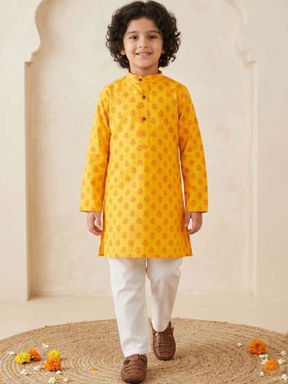 Aj DEZInES Boys Ganesh
                    Idol Printed Pure Cotton Straight Kurta with Pyjama