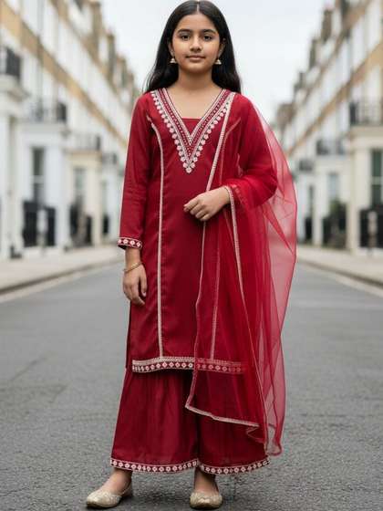 Flyfinns Girls Ethnic
                    Motifs Embroidered Regular Thread Work Kurta with
                    Sharara & With Dupatta