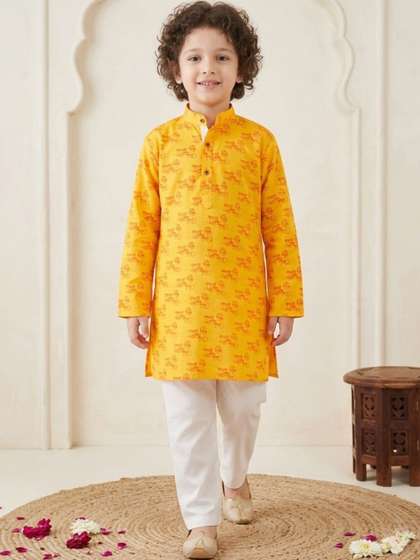 Aj DEZInES Boys Yellow
                    Cotton Full sleeves Ganesha Printed Kurta Pyjama
                    Set