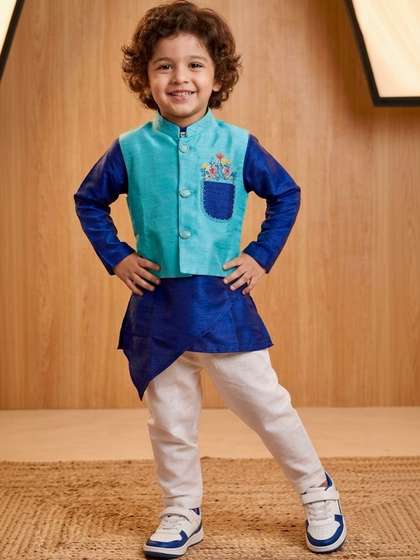 NEW GEN Boys Ethnic
                      Motifs Angrakha Thread Work Kurta with Trousers