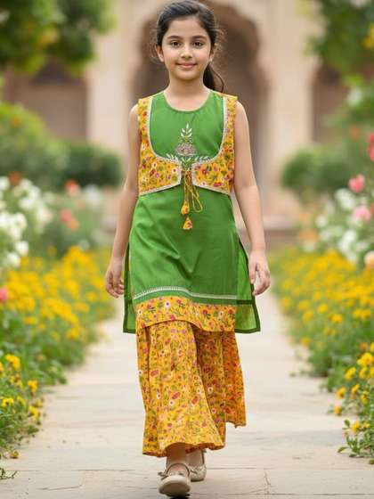 Flyfinns Girls Floral
                    Embroidered Regular Thread Work Kurta with Palazzos