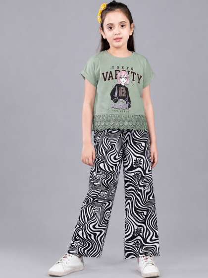 PLUM TREE Girls Premium
                    Cotton Crop Top With Lace And Wide Leg Pant Set