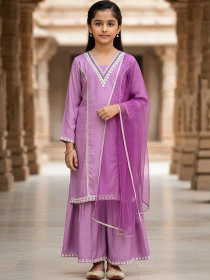 Flyfinns Girls Regular
                    Thread Work Kurta with Sharara & With Dupatta