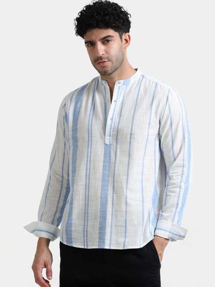 StitchX Men Band
                        Collar Pure Cotton Striped Kurta Shirt