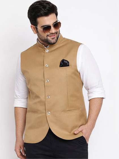 VASTRAMAY Men
                          Beige Solid Bandhgala Woven Nehru Jacket