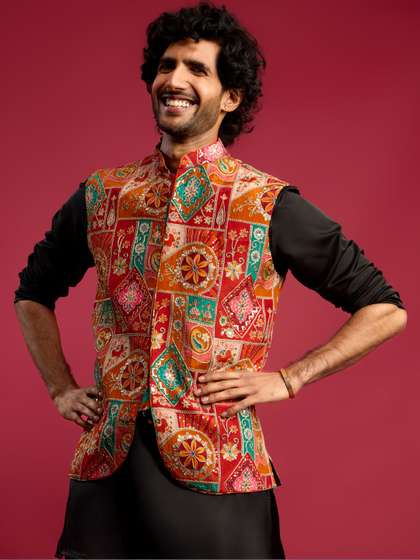 VASTRAMAY Men
                        Embroidered Woven Nehru Jacket
