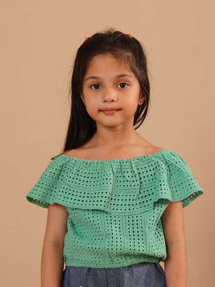 SPUNKIES Green Girls
                    All-Over Eyelet Bardot Neck Short Sleeves Top
