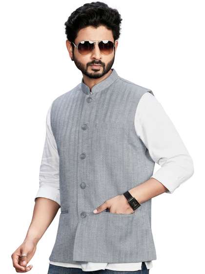 Authentics Striped
                        Woven Mandarian Collar Neck Nehru Jacket