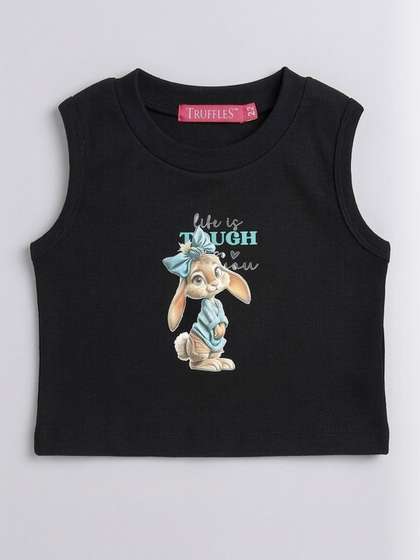 TRUFFLES Girls Black
                      'life Is Tough' Bunny Graphic Print Ribbed Crop
                      Tops