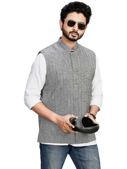 Authentics Striped
                        Linen Woven Nehru Jackets