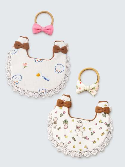 Little Surprise Box Pack
                    Of 2 Rabbit Print Muslin Bibs With Matching Bow Hair
                    Tie