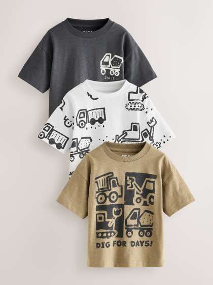 NEXT Boys Pack Of 3
                    Printed Drop-Shoulder Sleeves Pure Cotton T-Shirt
