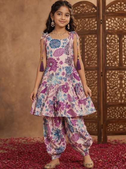 Aarika Girls Floral
                      Printed Tiered Pure Cotton Kurti with Patiala
