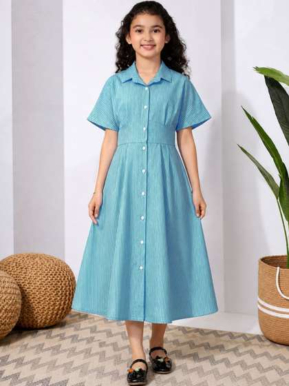 FASHION DREAM Girls
                      Light Blue Cotton Striped Midi Dress