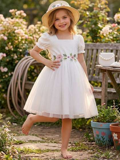 YK Print Puff Sleeve
                      Layered Net A-Line Dress