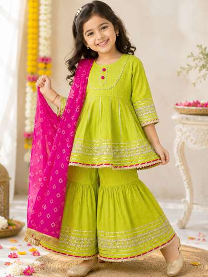 LITTLE GINNIE Girls
                    Ethnic Motifs Tiered Pure Cotton Kurti with Sharara
                    & With Dupatta