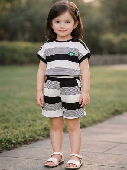 FOREVER FRIDAY Girls
                    Striped Round Neck T-shirt with Shorts