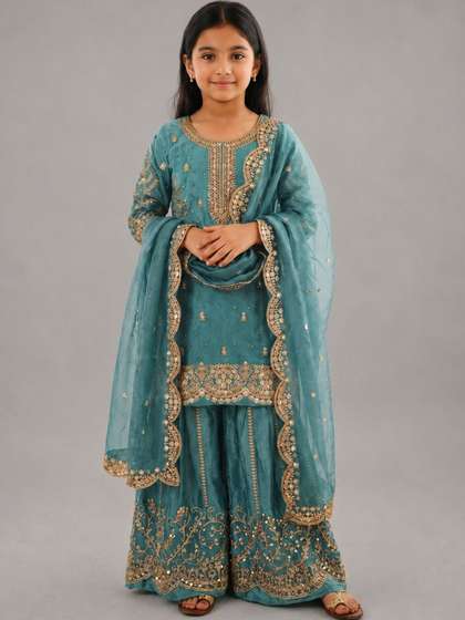 Sangria Girls Ethnic
                      Motifs Embroidered Regular Kurta with Sharara
                      & With Dupatta