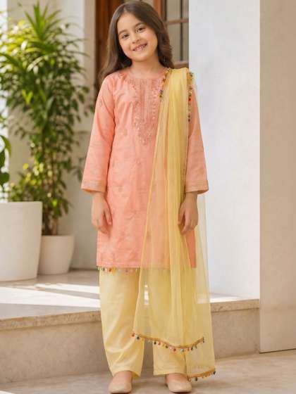 KALINI Girls Ethnic
                    Motifs Embroidered Regular Thread Work Kurta with
                    Trousers & With Dupatta
