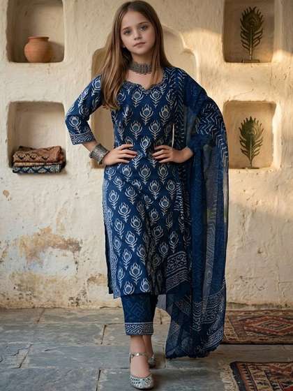 Aarya Designer Girls
                    Floral Printed Regular Pure Cotton Kurta with
                    Trousers & Dupatta