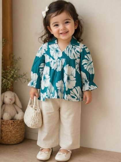 YK Girls Floral Printed
                    Pure Cotton Top & Trousers Clothing Set
