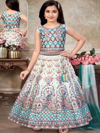 Sangria Girls Printed
                      Mirror Work Tie and Dye Semi-Stitched Lehenga
                      & Blouse With Dupatta