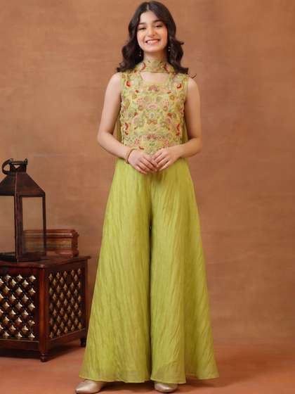 Inddus Girls Floral
                    Embroidered Regular Thread Work Kurta with Palazzos
                    & With Dupatta