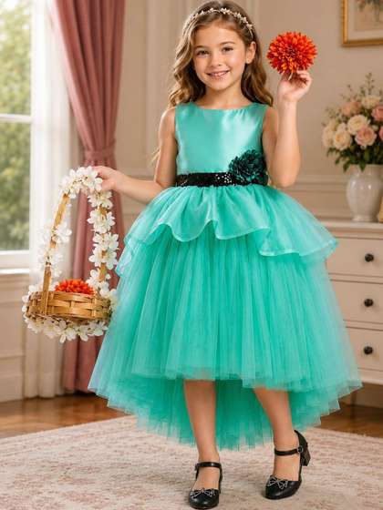 Dripteen Girls Round
                      Neck Applique Net Fit & Flare Satin Dress