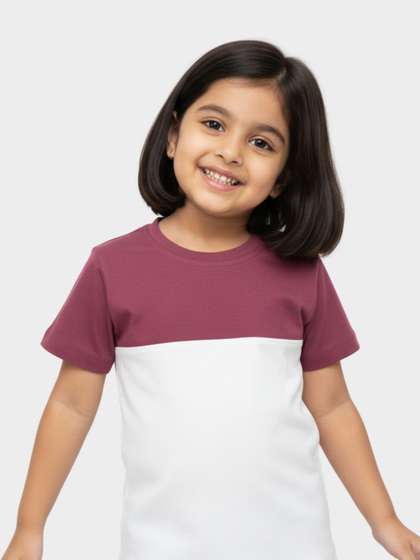 Orange Sugar Kids Maroon
                    and Off white Printed Colourblocked T-shirt