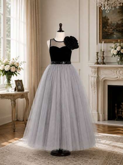 Dripteen Girls Floral
                    Applique Velvet Net Maxi Dress