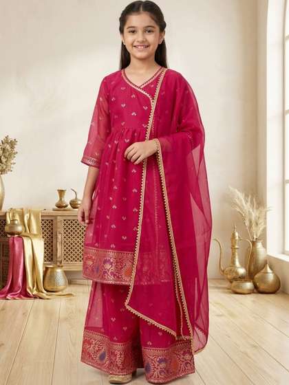 House of Pataudi Girls
                      Ethnic Motifs Angrakha Pure Cotton Kurta with
                      Palazzos & With Dupatta