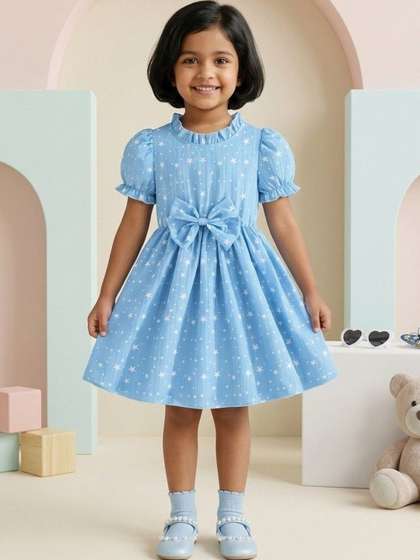 FOSTRIC Girls Star Print
                    Puff Sleeve Layered Cotton A-Line Dress