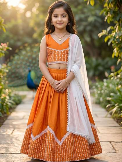 KALINI Girls Embroidered
                    Mirror Work Semi-Stitched Lehenga & Blouse With
                    Dupatta