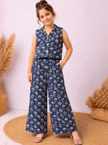FASHION DREAM Girls Blue
                    Cotton Floral Print Top and Palazzo