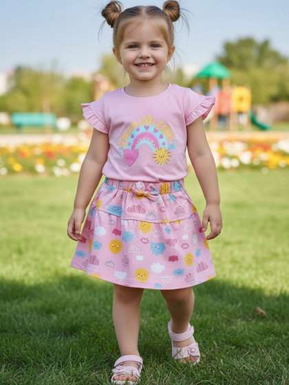 V-Mart Girls Printed
                    T-shirt with Skirt