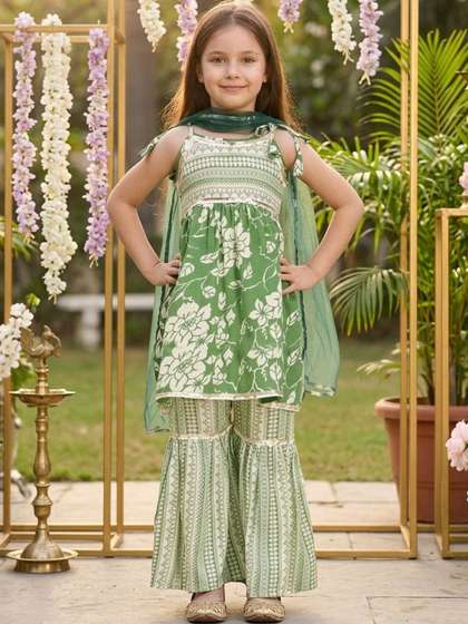 Cutiekins Girls Floral
                    Printed Sleeveless Pleated A-Line Kurta With Sharara
                    & Dupatta