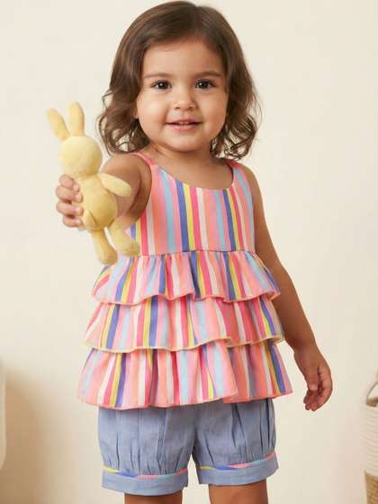 Nauti Nati Girls Pink
                    & Grey Striped Top with Shorts