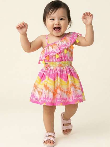 Nauti Nati Infant
                      Girls Pink & Yellow Printed Fit and Flare
                      Dress