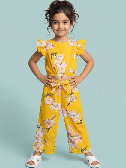 Nauti Nati Girls Yellow
                    Floral Print Cotton Ruffle Sleeve Clothing Set