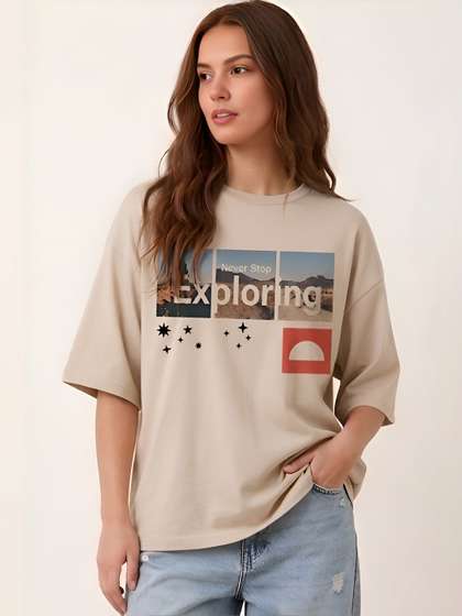 SMARTEES Women
                          Printed Drop-Shoulder Sleeves T-shirt