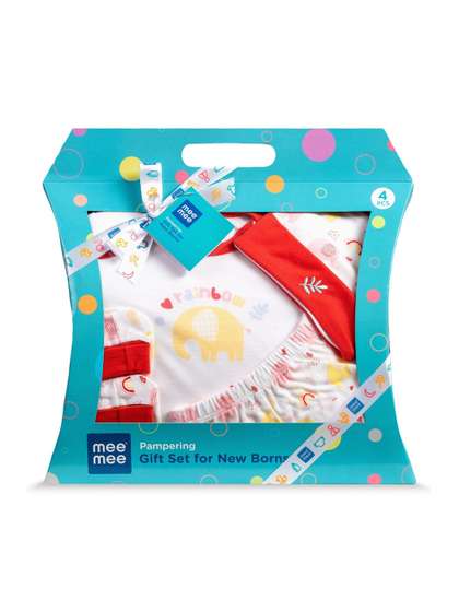 MeeMee Infants 4-Pcs
                    Printed Pure Cotton Baby Apparel Gift Set