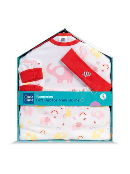 MeeMee Infants 4-Pcs
                    Printed Cotton Baby Apparel Gift Set