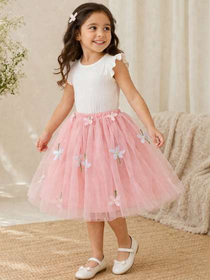 YK Girls Net Embellished
                    Frills Bows and Ruffles Above Knee Flared Skirt