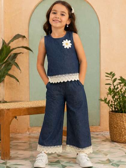 Superminis Girls Round
                    Neck Top Denim with Palazzos