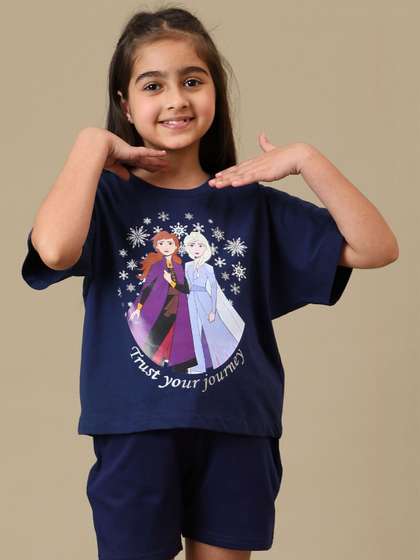 Kids Ville Girls Frozen
                    Printed Boxy-Fit Pure Cotton Round Neck T-Shirt